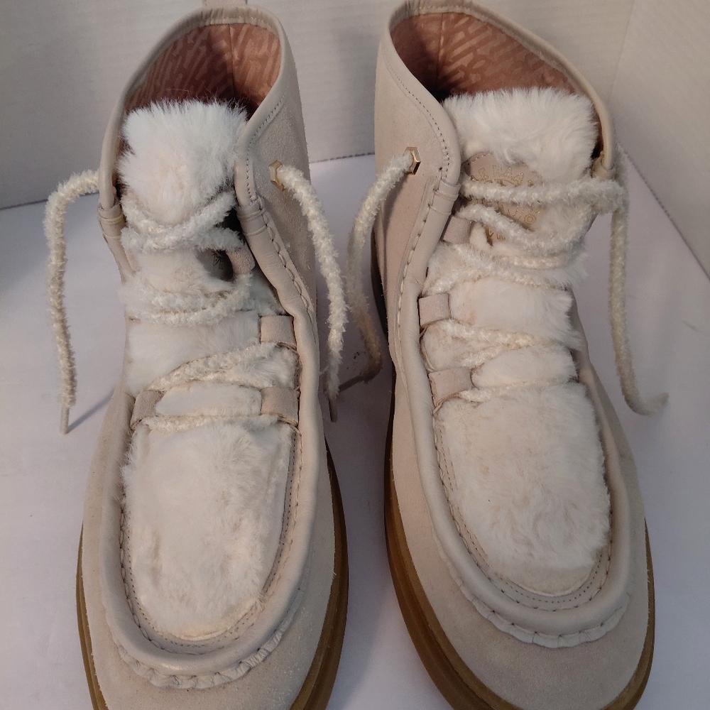 Cole Hahn Chunka Cream Suede Angora Fur Boots Women Size 11B NWOB